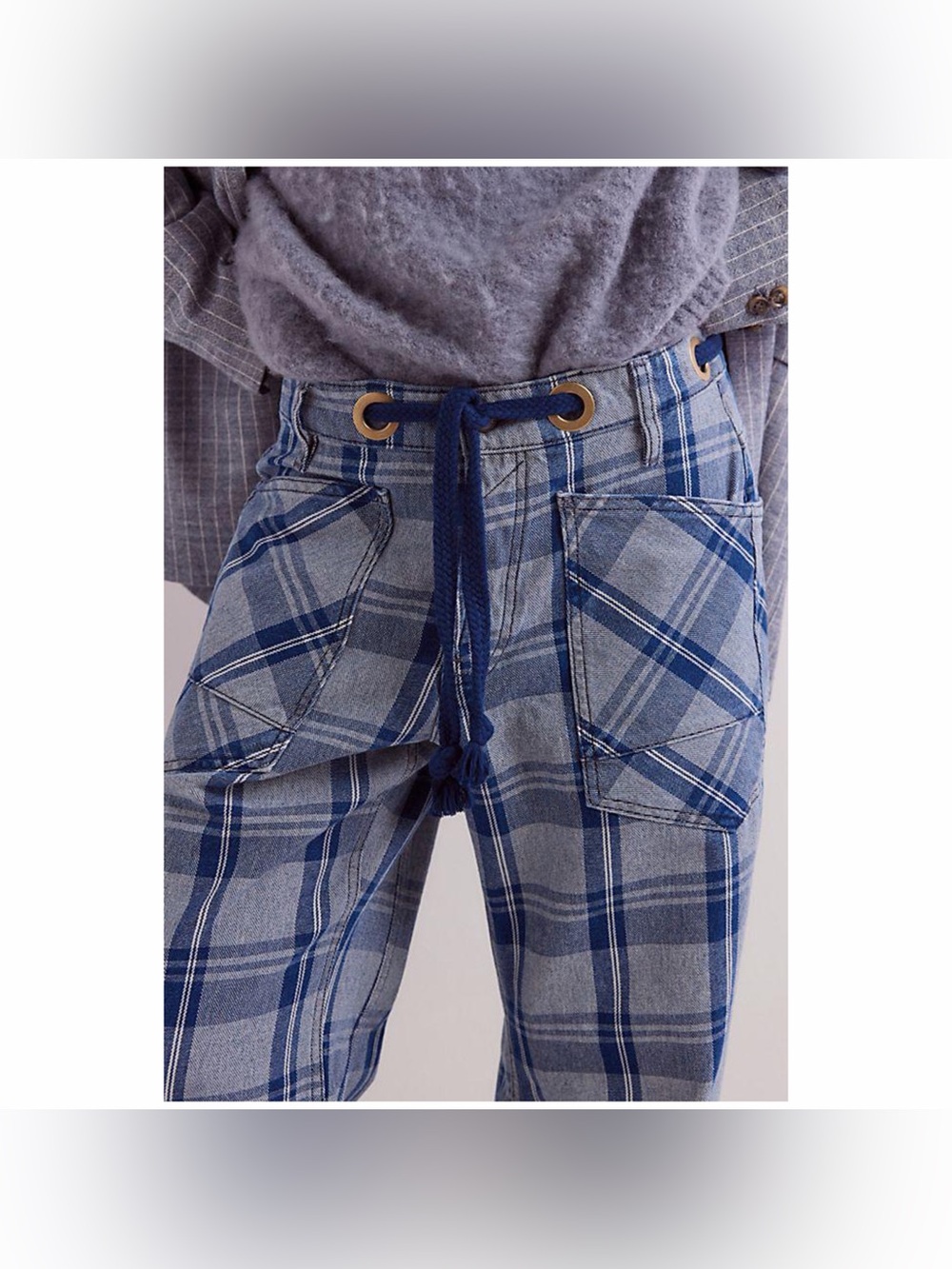 NWOT We the Free People Moxie Barrel Jeans Blue Plaid Retail $168 SZ 28 - Picture 3 of 5